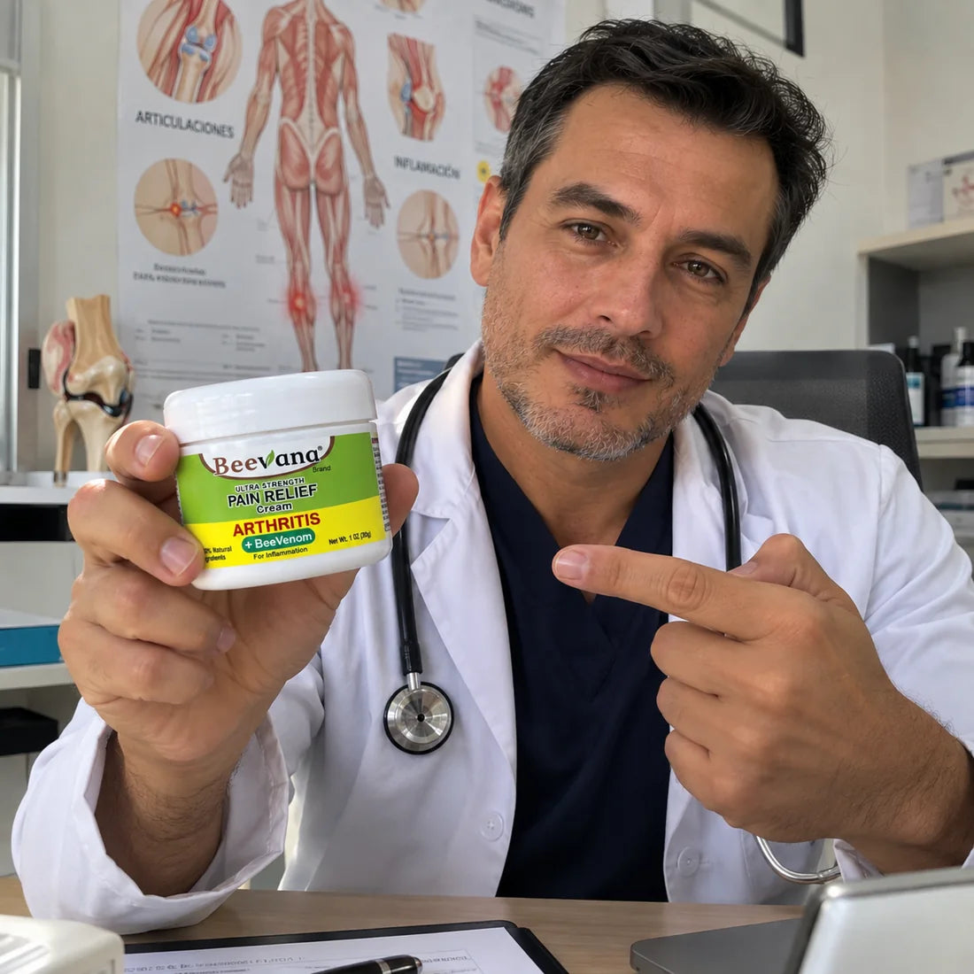 Profesional de salud sosteniendo un envase Beevana